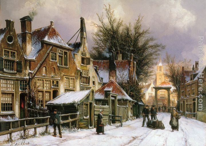 Willem Koekkoek A Townview with Figures on a Snow Covered Street